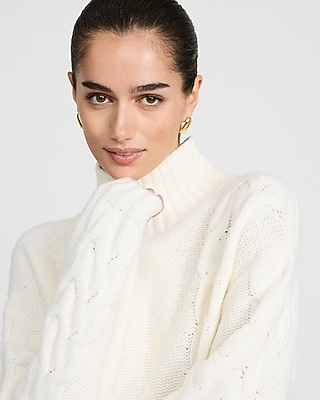 Turtleneck Cable Knit Balloon Sleeve Sweater