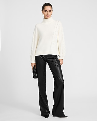 Turtleneck Cable Knit Balloon Sleeve Sweater