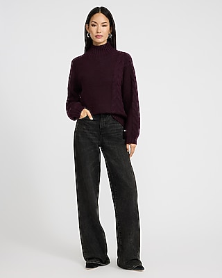 Turtleneck Cable Knit Balloon Sleeve Sweater