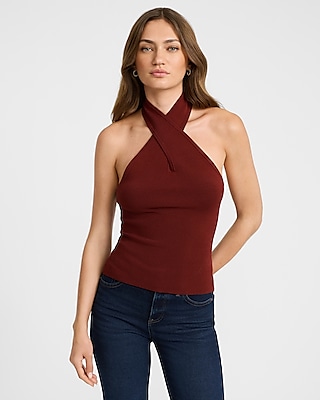Silky Soft Fitted Cross Halter Neck Sweater Tank | Express