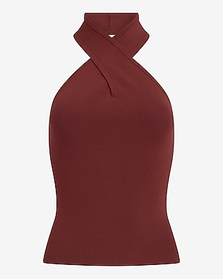 Silky Soft Fitted Cross Halter Neck Sweater Tank