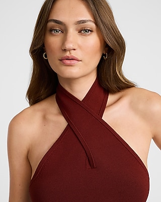Silky Soft Fitted Cross Halter Neck Sweater Tank