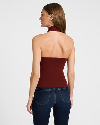 Silky Soft Fitted Cross Halter Neck Sweater Tank