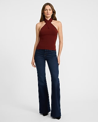 Silky Soft Fitted Cross Halter Neck Sweater Tank