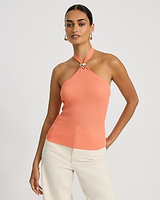 Ribbed Tie Halter Gold Hardware Sweater Tank