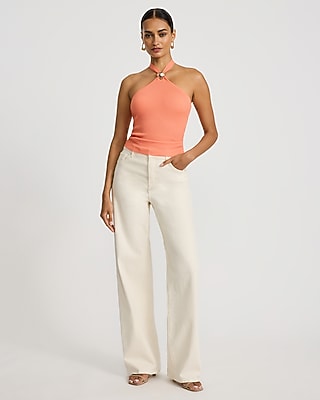 Ribbed Tie Halter Gold Hardware Sweater Tank
