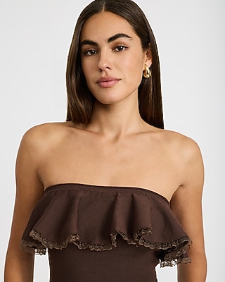 Strapless Lace Trim Ruffle Sweater Tube Top