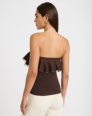 Strapless Lace Trim Ruffle Sweater Tube Top