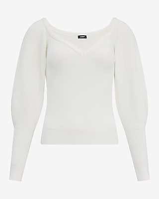 Ribbed V-Neck Long Puff Sleeve Sweater