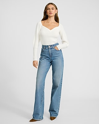 Ribbed V-Neck Long Puff Sleeve Sweater