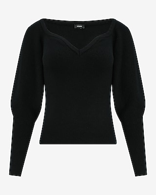 Ribbed V-Neck Long Puff Sleeve Sweater