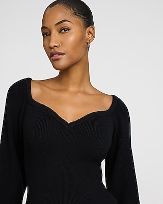 Ribbed V-Neck Long Puff Sleeve Sweater