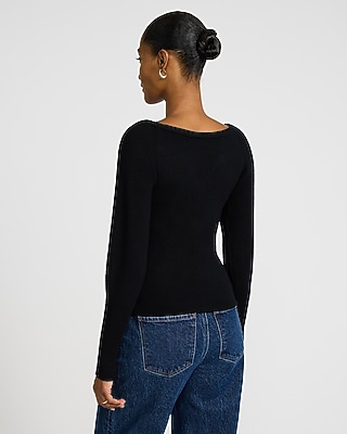 Ribbed V-Neck Long Puff Sleeve Sweater