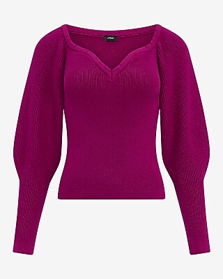 Ribbed V-Neck Long Puff Sleeve Sweater