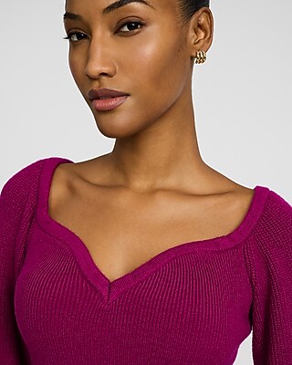 Ribbed V-Neck Long Puff Sleeve Sweater