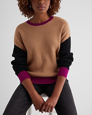 Relaxed Color Block Ribbed Crew Neck Sweater | Express
