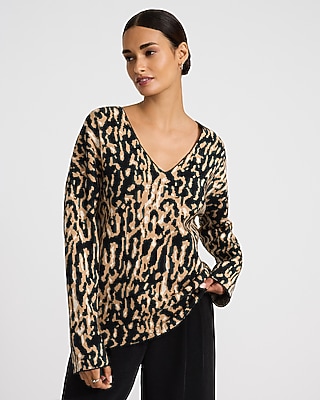 Leopard V-neck Oversized Tunic Sweater | Express