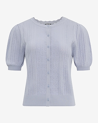 Pointelle Crew Neck Short Sleeve Cardigan