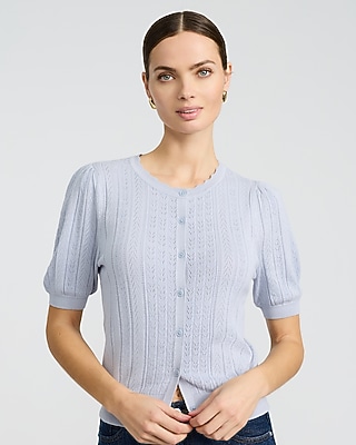 Pointelle Crew Neck Short Sleeve Cardigan