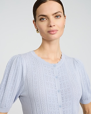 Pointelle Crew Neck Short Sleeve Cardigan