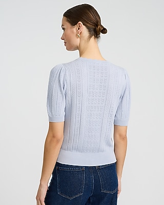 Pointelle Crew Neck Short Sleeve Cardigan