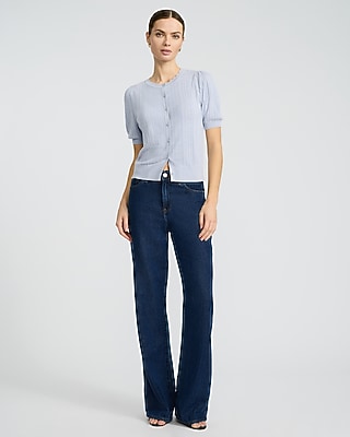 Pointelle Crew Neck Short Sleeve Cardigan