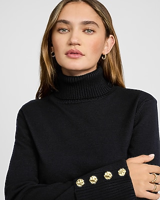 Airy Soft Turtleneck Novelty Button Cuff Sweater