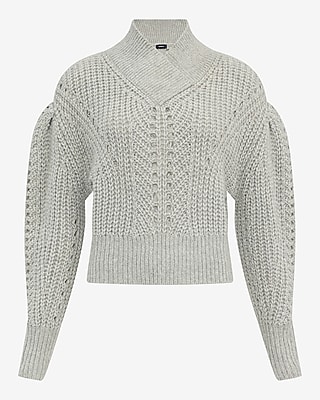 Open Stitch Shawl Neck Puff Sleeve Sweater