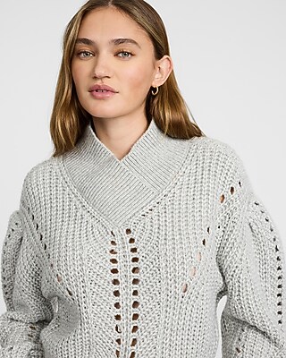 Open Stitch Shawl Neck Puff Sleeve Sweater