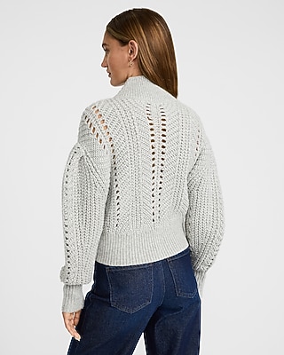 Open Stitch Shawl Neck Puff Sleeve Sweater