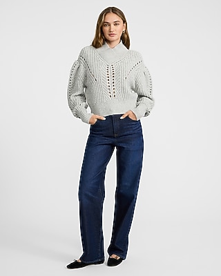 Open Stitch Shawl Neck Puff Sleeve Sweater