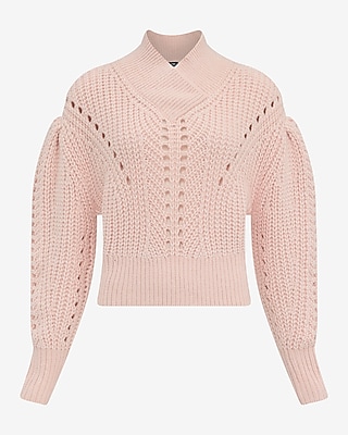 Open Stitch Shawl Neck Puff Sleeve Sweater