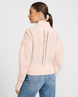 Open Stitch Shawl Neck Puff Sleeve Sweater