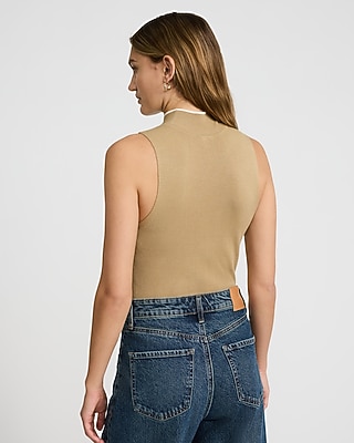 Fitted Tipped Mock Neck Sleeveless Sweater