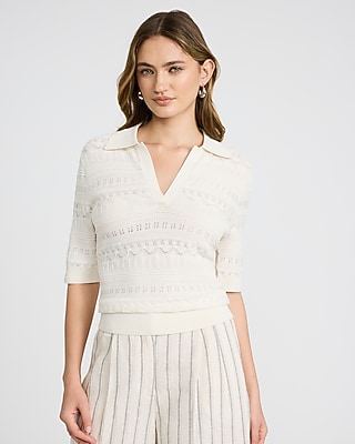 Pointelle Short Sleeve Johnny Collar Sweater Polo