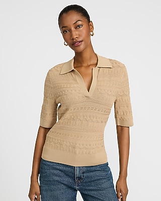 トップス SORIN Interlock Shirt Collar Top Pointelle Short Sleeve Johnny Collar Sweater Polo | Express