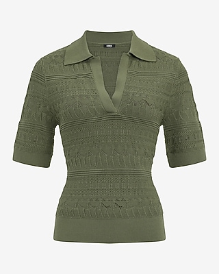 Pointelle Short Sleeve Johnny Collar Sweater Polo
