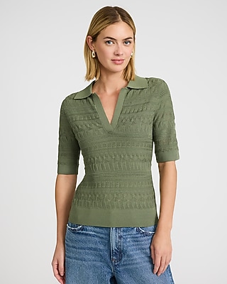 Pointelle Short Sleeve Johnny Collar Sweater Polo