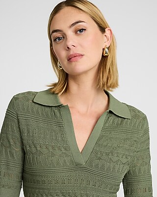 Pointelle Short Sleeve Johnny Collar Sweater Polo