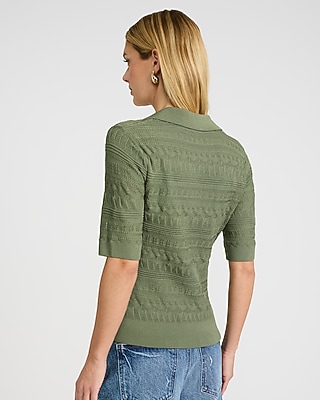 Pointelle Short Sleeve Johnny Collar Sweater Polo