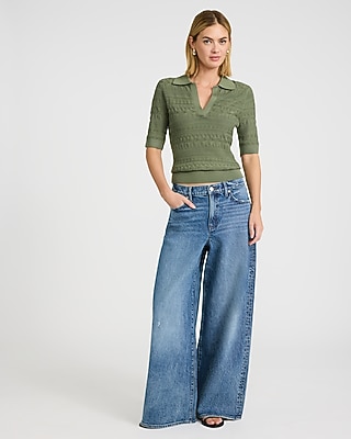 Pointelle Short Sleeve Johnny Collar Sweater Polo