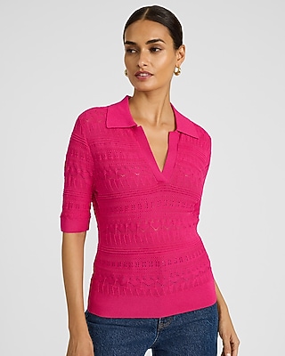 Pointelle Short Sleeve Johnny Collar Sweater Polo