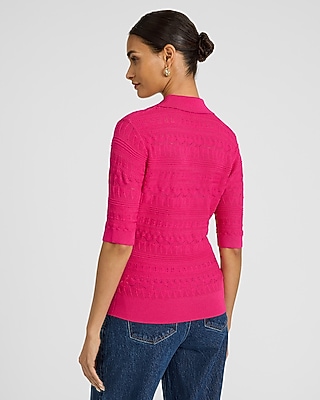 Pointelle Short Sleeve Johnny Collar Sweater Polo