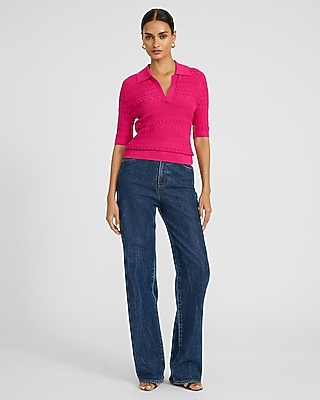 Pointelle Short Sleeve Johnny Collar Sweater Polo