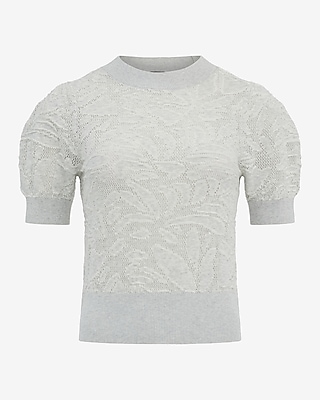 Cotton Contrast Floral Crew Neck Puff Sleeve Sweater