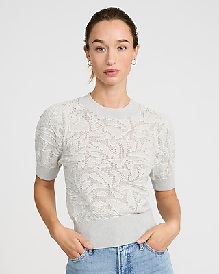 Cotton Contrast Floral Crew Neck Puff Sleeve Sweater