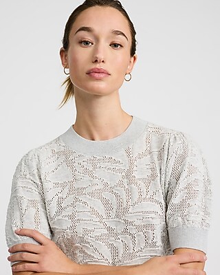 Cotton Contrast Floral Crew Neck Puff Sleeve Sweater