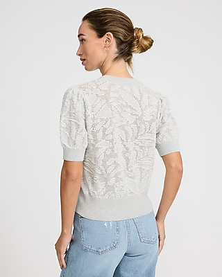 Cotton Contrast Floral Crew Neck Puff Sleeve Sweater