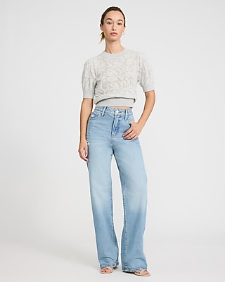 Cotton Contrast Floral Crew Neck Puff Sleeve Sweater