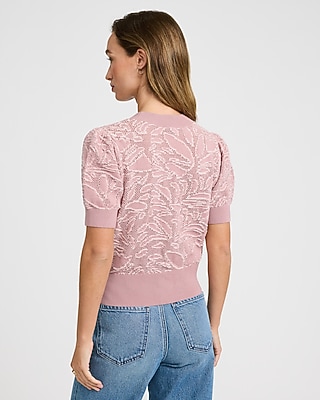 Cotton Contrast Floral Crew Neck Puff Sleeve Sweater